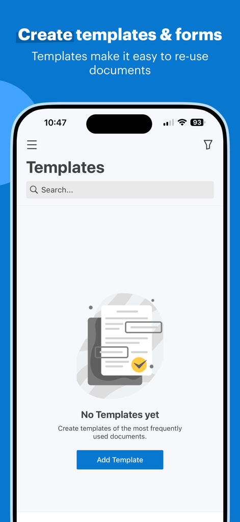 SignNow mobile app screen for creating and managing document templates