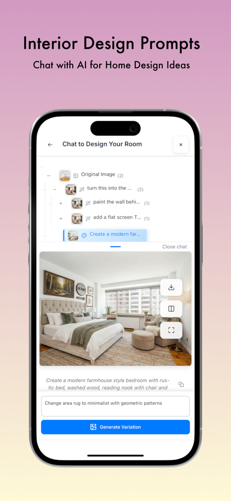 Decor8 AI - AI Interior Design - Bildschirm des Smartphones, der die Decor8 AI-Chat-Oberfläche für Wohnraumdesign-Bearbeitungen anzeigt