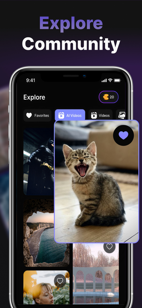 Muse: AI Video,Photo Generator - Muse app explore community screen showing a gallery of user generated AI images including a kitten.
