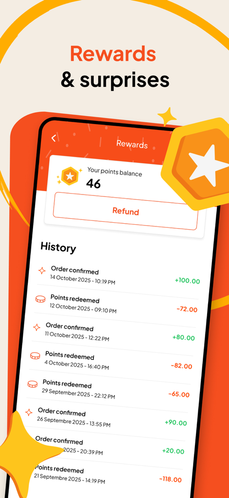 Interfaccia della cronologia dei premi e dei punti fedeltà dell'app DONE