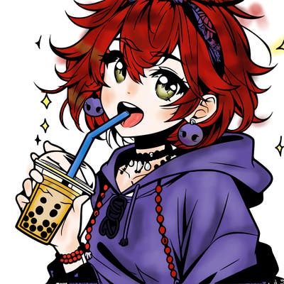 hot baddie anime girl drinking boba and biting the straw