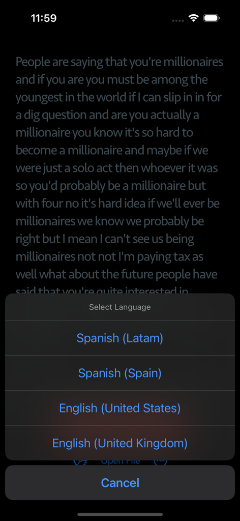 AI Speech Transcriber - Menú de selección de idioma en la aplicación AI Speech Transcriber que muestra opciones de dialecto en inglés y español.
