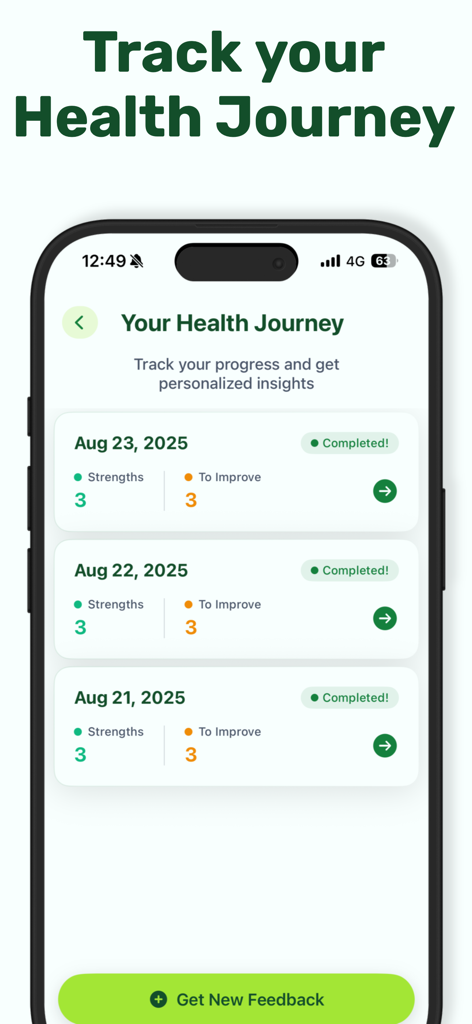 Food AI Scanner Product Scan - A mobile phone displaying the FoodCheck health journey screen with daily progress tracking and nutritional insights