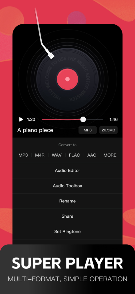 Audio Editor: MP3 Converter - Uma interface móvel para um editor de áudio mostrando um reprodutor de música com opções para converter para formatos MP3, WAV e FLAC.