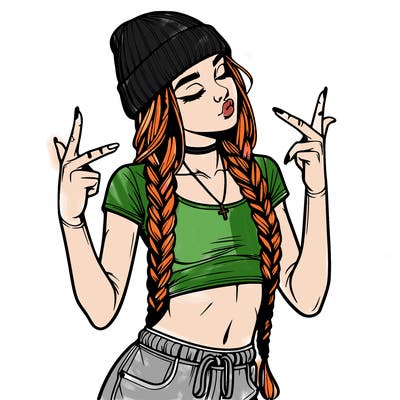 realistic teenage girl with braids and a beanie and crop top doing 🫶🏼