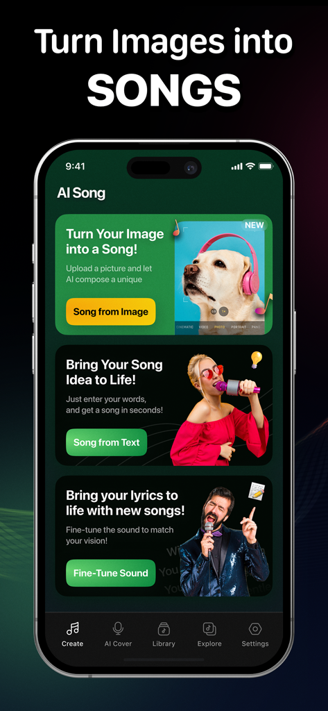 Beatz: AI Song・Cover Generator - Interface of the Beatz AI song generator app showing options to create music from images, text ideas and lyrics
