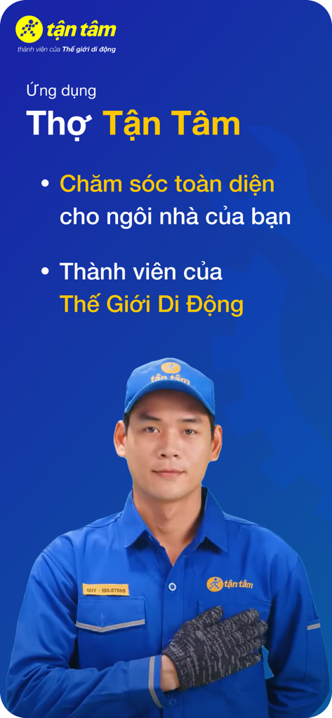 Introductory screen for Tho Tan Tam app featuring a professional technician in a blue uniform and cap.