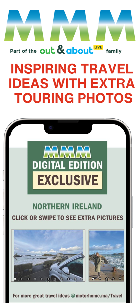 Interfaz de la aplicación de la revista MMM que presenta inspiración de viajes en autocaravana para Irlanda del Norte
