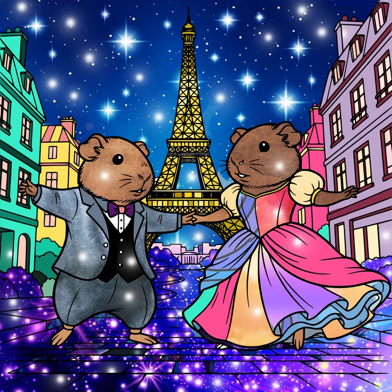 boy guinea pig dressed in a suit and girl guinea pig dressed in a ball gown dancing in paris