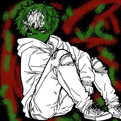 a male hoddie ripped jeans messy hair anime