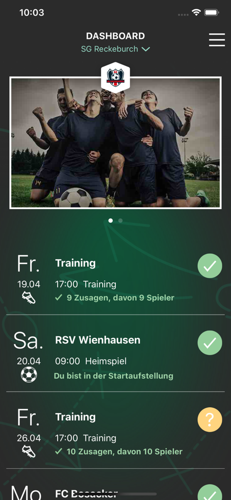 TEAMPUNKT - TEAMPUNKT app dashboard displaying a soccer team photo and upcoming events like training and matches