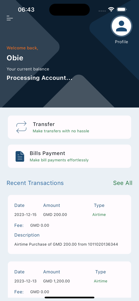 Bloom Bank Mobile - Bloom Bank Mobile app dashboard with recent transactions and payment options