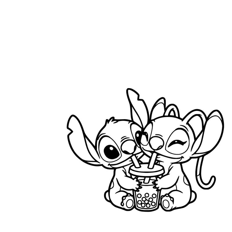 kawai stitch and angel drinking boba