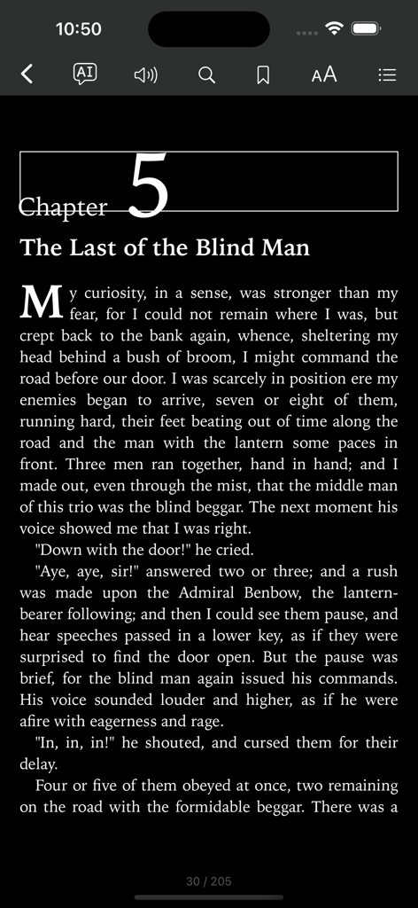 Epub Reader with AI interface in dark mode showing Chapter 5 of a book with toolbar icons for AI assistant and text to speech