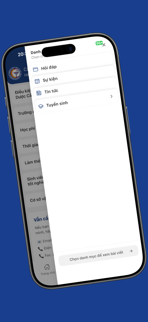 CTUMP app navigation menu showing news, events, and admissions categories in Vietnamese