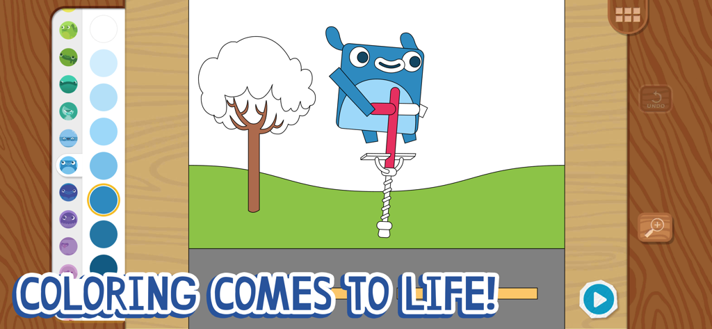 A blue monster character on a pogo stick within the coloring interface of the Endless Learning Academy app