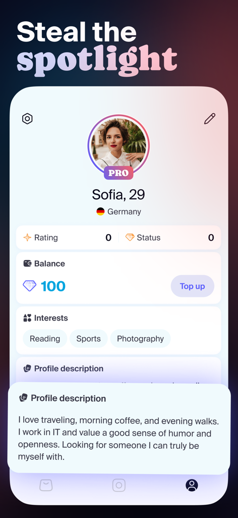 Camee - Eine Benutzeroberfläche für Benutzerprofile in der Camee-Videochat-App, die Biografie, Interessen und Pro-Status anzeigt