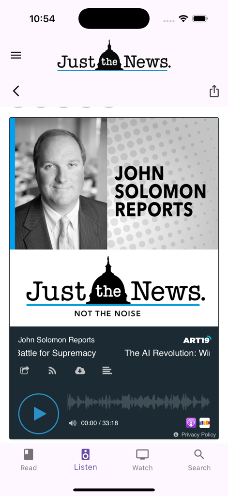 Just the News app podcast interface featuring John Solomon Reports with an audio playback progress bar.
