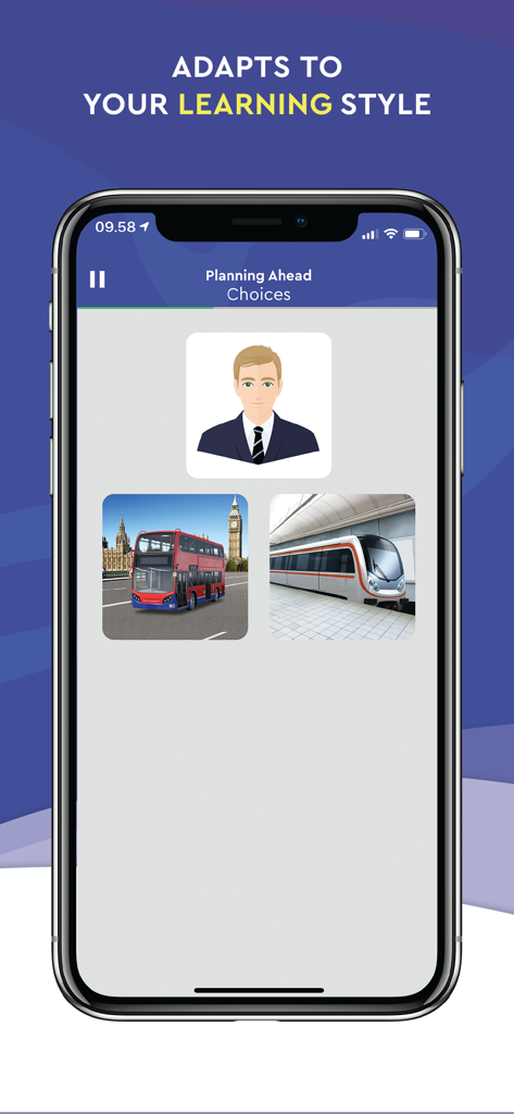 neoStudy - 交通手段の選択肢を含むアダプティブな英語レッスンを表示するneoStudyモバイルアプリのインターフェース