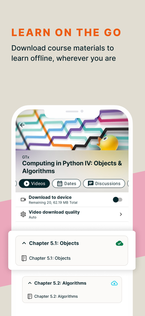 Pythonプログラミングクラスのオフラインコースダウンロード機能を示すedXモバイルアプリ