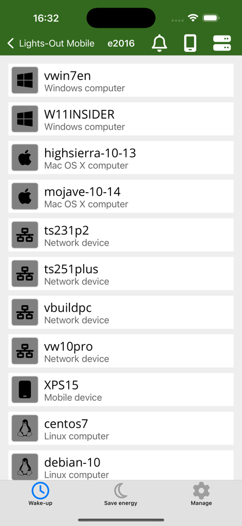 Un elenco di computer e dispositivi di rete gestiti nell'interfaccia dell'app Lights-Out Mobile