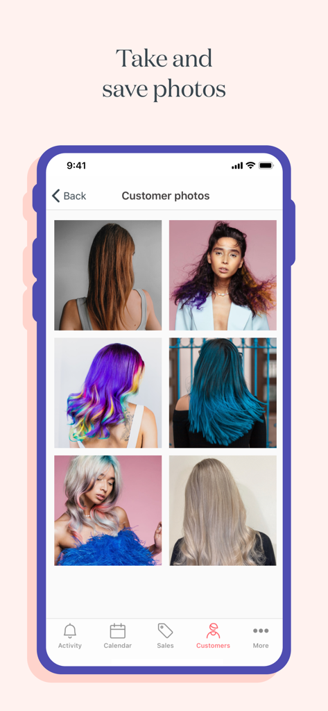 Timely – Bookings & payments - A mobile screen from the Timely app displaying a gallery of professional hair styling and color portfolio photos for a client record.