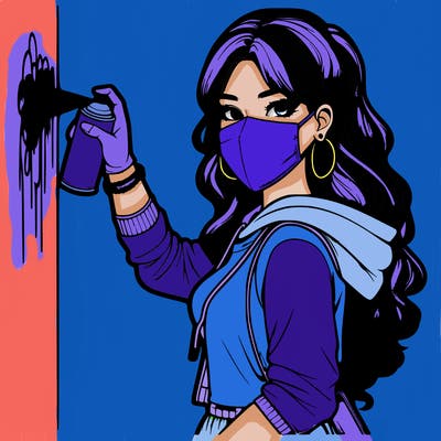 realistic girl with mask spray painting a wall