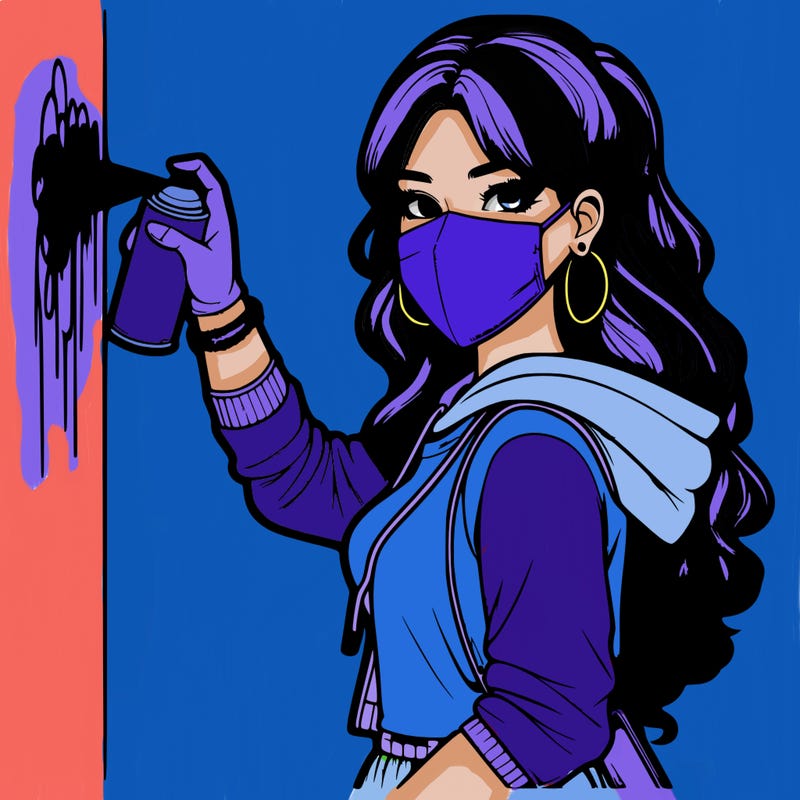 realistic girl with mask spray painting a wall