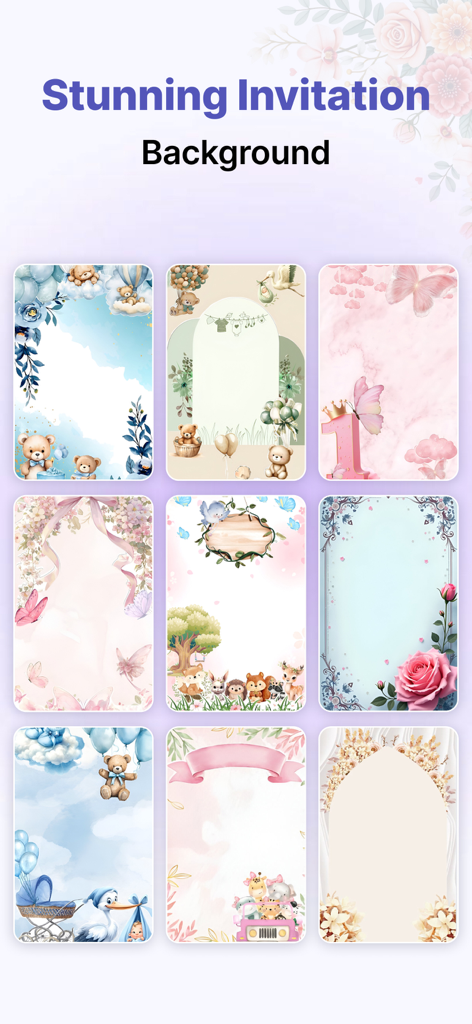 Invitation Card & Design Maker - Une collection de magnifiques modèles d'arrière-plan d'invitations pour des événements tels que les fêtes prénatales et les anniversaires.