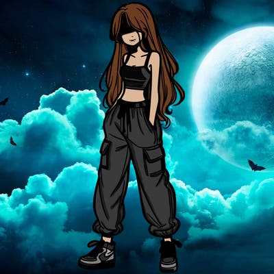 girl in baggy pants crop top and long hair