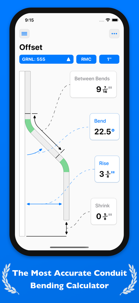 QuickBend app interface showing offset conduit bending calculations and measurements on an iPhone screen
