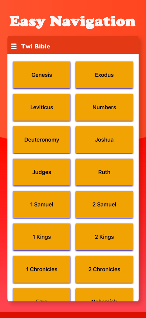 Twi Bible - Akuapem & Audio - Easy navigation screen of the Twi Bible app showing a grid of Bible books