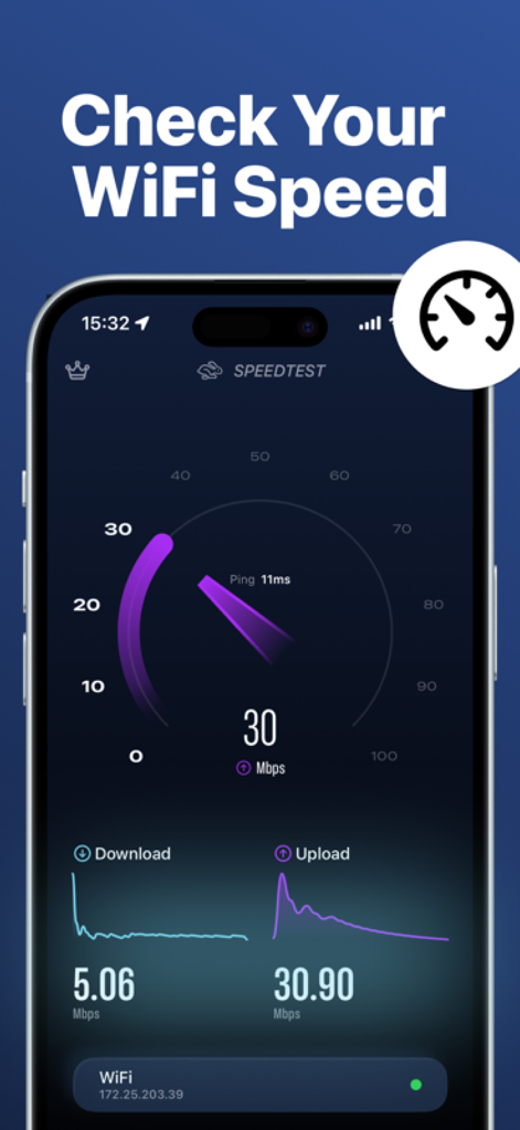 Tela do iPhone mostrando o aplicativo WiFi Tester e Network Analyzer realizando um teste de velocidade com resultados de download e upload.