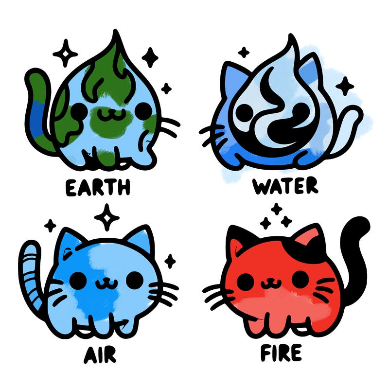 4 cats that represent the different elements, earth, water, air, and fire