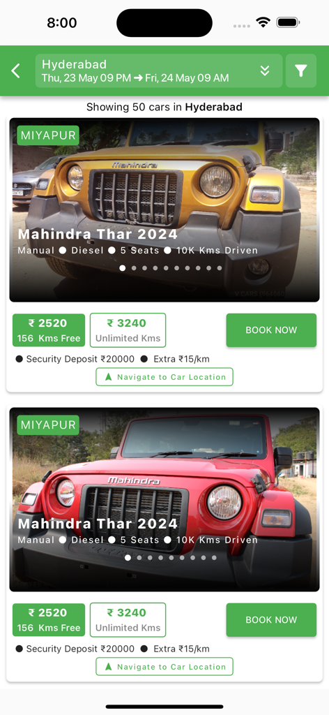 VCars - Self Drive Car Rentals - Interfaz de la aplicación móvil que muestra opciones de alquiler de coches Mahindra Thar en Hyderabad, India