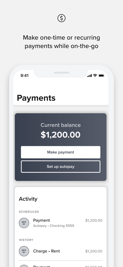 Resident Center app screen showing current balance and options to make a payment or set up autopay