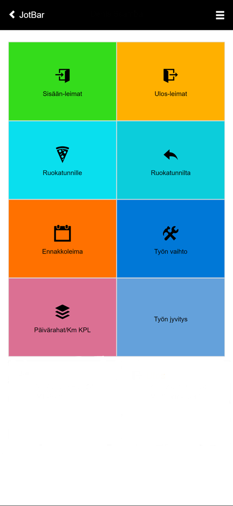 JotBar Mobile Tools - JotBar Mobile Tools main interface with colorful buttons for clocking in and out and managing work hours