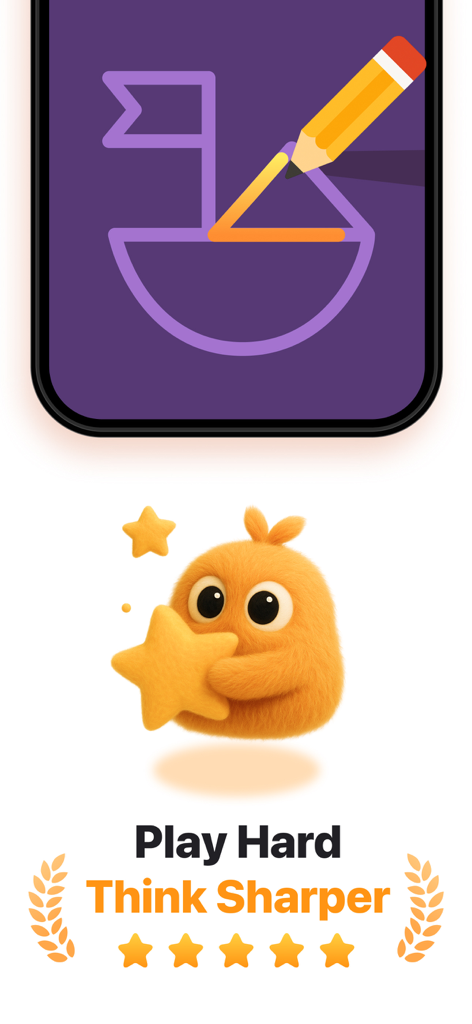 BrainBloom - BrainBloom app interface showing a drawing game icon and a cute fuzzy mascot holding a star above the slogan Play Hard Think Sharper.
