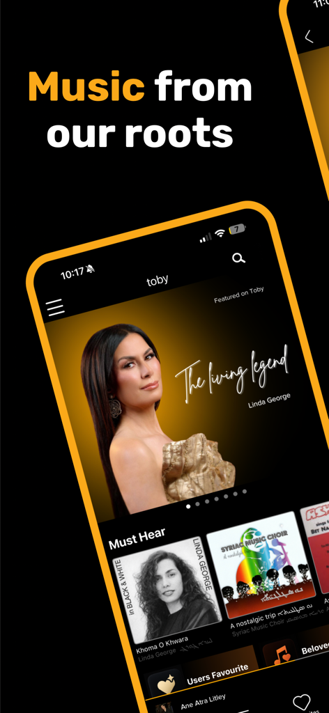 Toby.Audio - Toby Audio mobile app interface showcasing Aramean and Assyrian music with featured artist Linda George and curated playlists