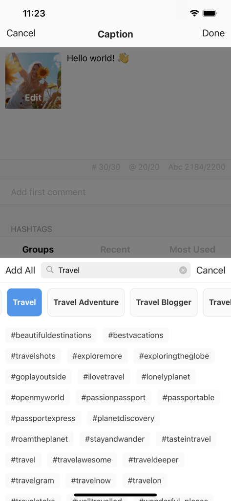 Interface of the Preview app showing the caption editor and travel-themed hashtag suggestions for an Instagram post.
