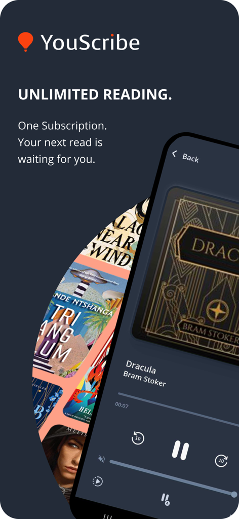 YouScribe app screen featuring the unlimited reading slogan and an audiobook player interface for Dracula.