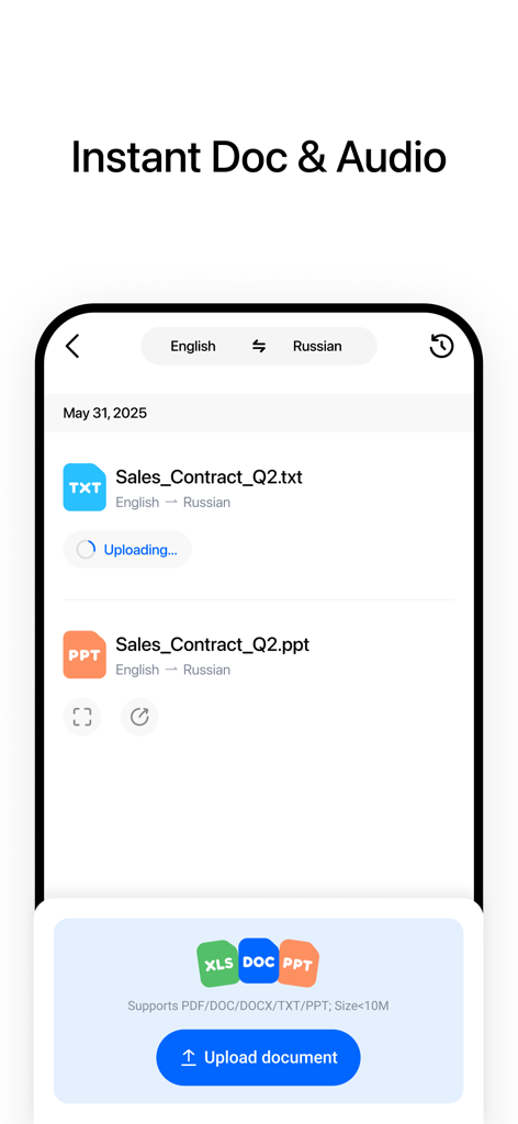Hi Translate app interface showing the instant document translation feature for PDF and Office files.