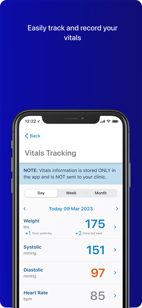 MyCareLink Heart app vitals tracking screen displaying weight, blood pressure, and heart rate.