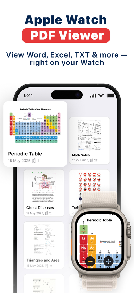 PDF Watch Viewer : WristDocs - Aplicación WristDocs mostrando sincronización de documentos entre iPhone y Apple Watch con vista de un PDF de tabla periódica