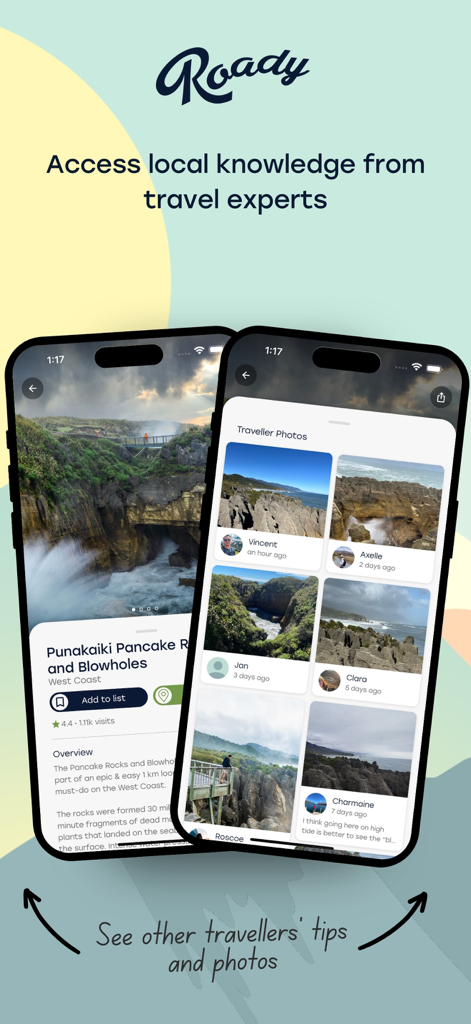 Roady - Roady app interface showing traveler photos and local knowledge for discovering hidden gems