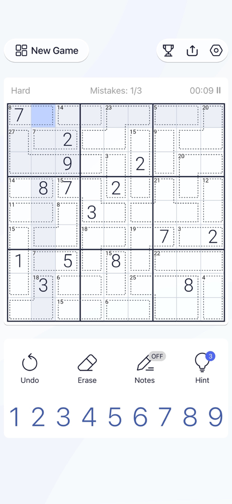 Killer Sudoku - Puzzle Games - Killer Sudoku puzzle game interface on hard difficulty