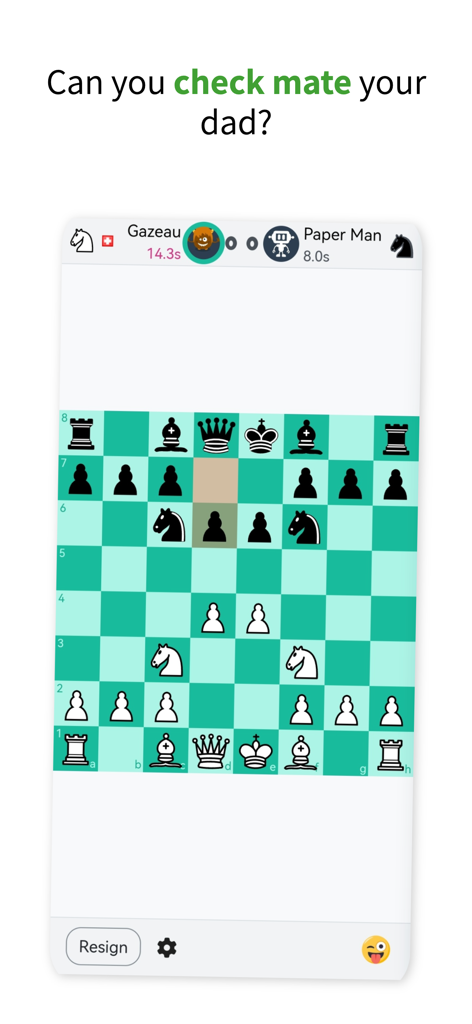 A mobile screenshot of an online chess game on the papergames.io app featuring a green and white board and player avatars