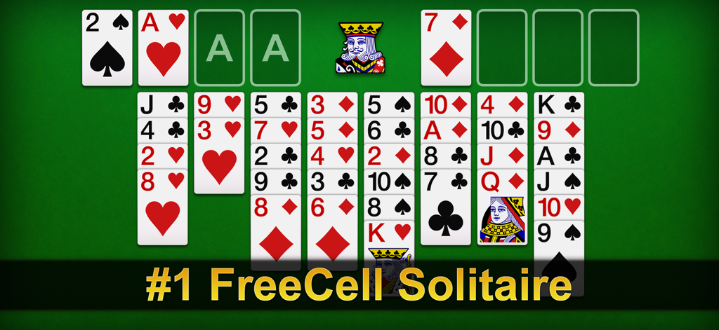 緑の背景にクラシックなフリーセル ソリティア カードゲームのプレイ画面