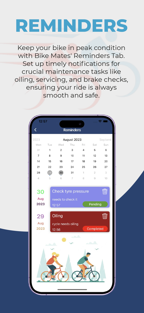 Bike Mates - Cycling Tracker - A tela de Lembretes do aplicativo Bike Mates mostrando um calendário e tarefas de manutenção agendadas como lubrificação e verificação da pressão dos pneus.