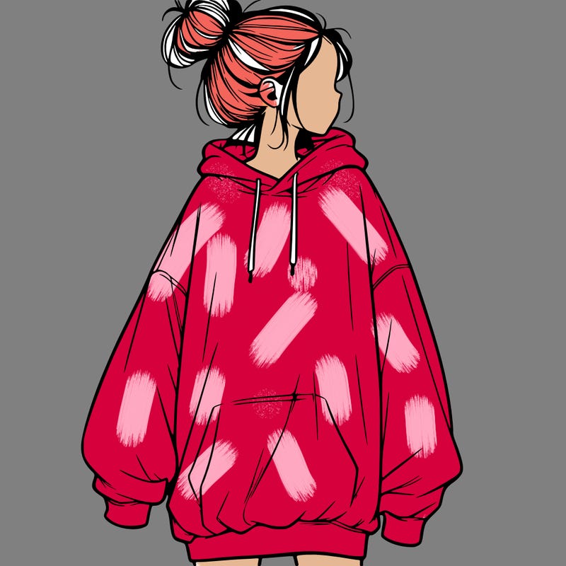 realistic girl with a oversized sweatshirt on and a bun